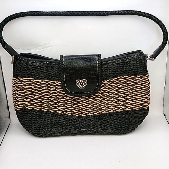 Brighton Sydney Sraw Bag w/ Leather Trim & Braided Handle Dark Blue & Beige - Picture 1 of 11
